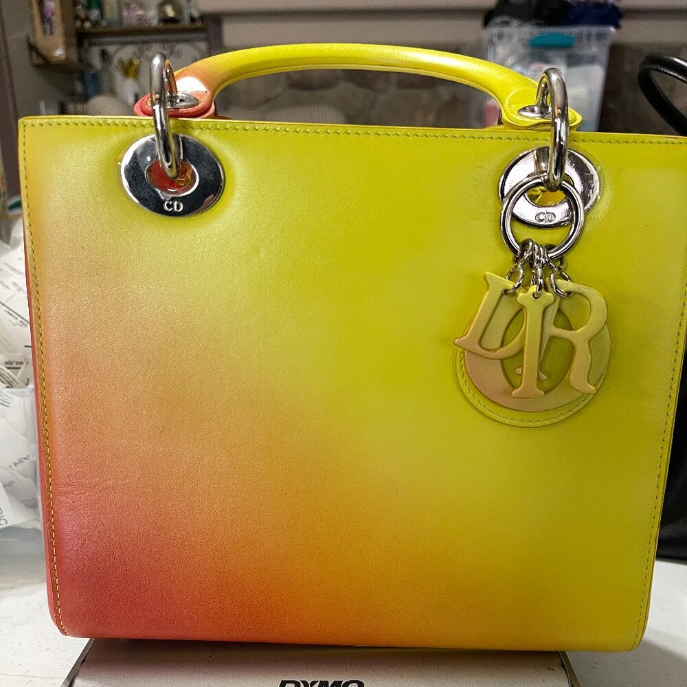2014 CHRISTIAN DIOR BOX CALFSKIN GRADIENT MEDIUM LADY DIOR YELLOW ORANGE W/STRAP
